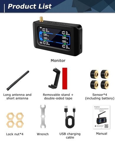 【Limited】 Metal Sensor RV Tire Pressure Monitoring System TPMS Tire Pressure Monitor System RV Trailer 4 Sensors 130PSI Signal Booster Antenna 33ft Solar/USB Charging for Travel Truck Color Display in Kuwait