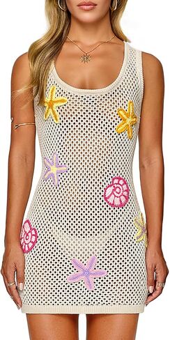 FAIRY SEASON Women's Crochet Beach Cover Up with 3D Starfish & Shells, Sleeveless Mini Dress for Pool, Resort Vacation in Saudi Arabia