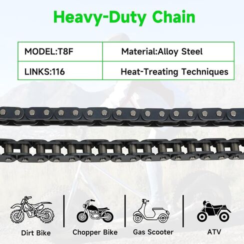 سلسلة T8F 116 وصلة متوافقة مع SYX Moto SSR X-pro MotoTec X-treme Apollo 50cc Dirt Bike 47cc 49cc 2 السكتة الدماغية جيب Pit Bike Mini Chopper Scooter ATV Quad 4 أجزاء عجلات مع قواطع سلسلة in Kuwait