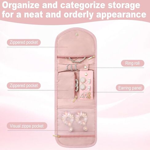 Travel Jewelry Organizer Roll – Foldable Jewelry Storage Bag for Rings, Necklaces, Earrings & Bracelets, Portable Mini Soft Pink Travel Jewelry Case for Women in Saudi Arabia