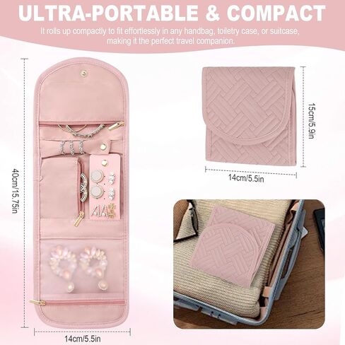 Travel Jewelry Organizer Roll – Foldable Jewelry Storage Bag for Rings, Necklaces, Earrings & Bracelets, Portable Mini Soft Pink Travel Jewelry Case for Women in Saudi Arabia