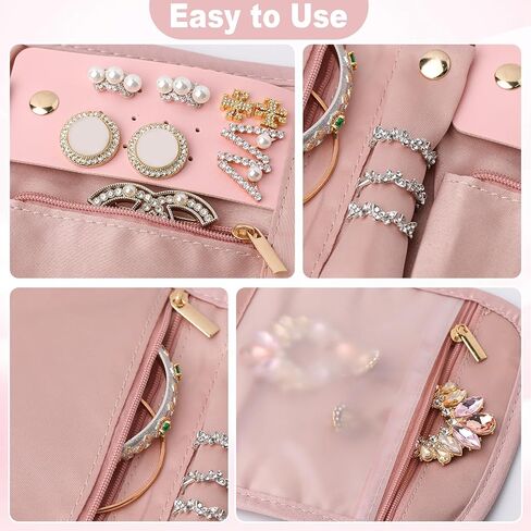 Travel Jewelry Organizer Roll – Foldable Jewelry Storage Bag for Rings, Necklaces, Earrings & Bracelets, Portable Mini Soft Pink Travel Jewelry Case for Women in Saudi Arabia