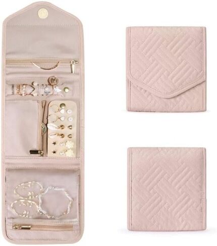 Travel Jewelry Organizer Case for Women, Foldable Portable Jewelry Roll Bag, Storage Accessory for Necklaces Earrings Rings Bracelets, Pink in Saudi Arabia