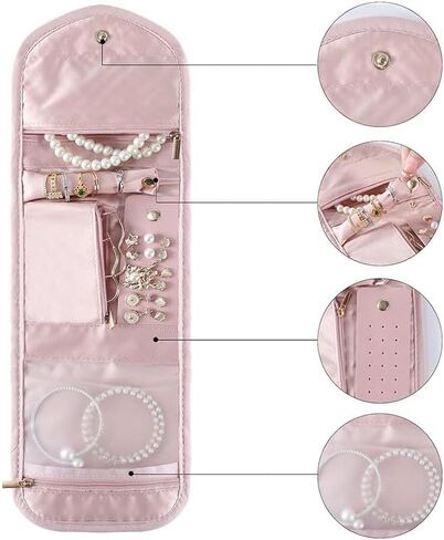 Travel Jewelry Organizer Case for Women, Foldable Portable Jewelry Roll Bag, Storage Accessory for Necklaces Earrings Rings Bracelets, Pink in Saudi Arabia