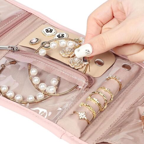 Travel Jewelry Organizer Case for Women, Foldable Portable Jewelry Roll Bag, Storage Accessory for Necklaces Earrings Rings Bracelets, Pink in Saudi Arabia