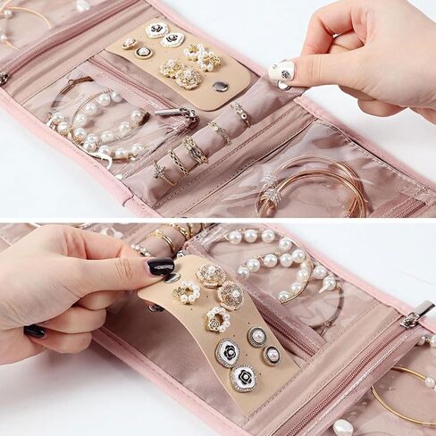 Travel Jewelry Organizer Case for Women, Foldable Portable Jewelry Roll Bag, Storage Accessory for Necklaces Earrings Rings Bracelets, Pink in Saudi Arabia