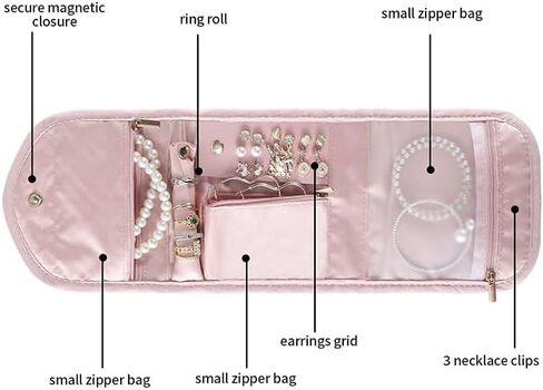 Travel Jewelry Organizer Case for Women, Foldable Portable Jewelry Roll Bag, Storage Accessory for Necklaces Earrings Rings Bracelets, Pink in Saudi Arabia