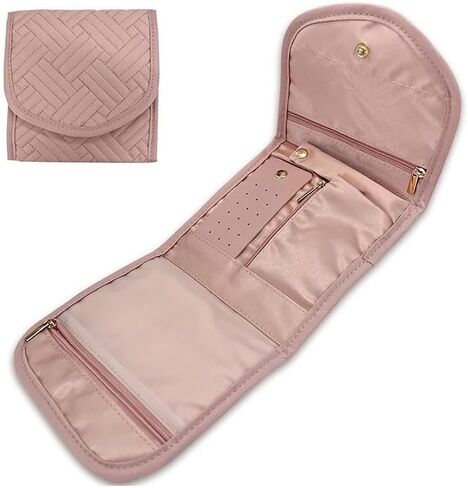 Travel Jewelry Organizer Case for Women, Foldable Portable Jewelry Roll Bag, Storage Accessory for Necklaces Earrings Rings Bracelets, Pink in Saudi Arabia