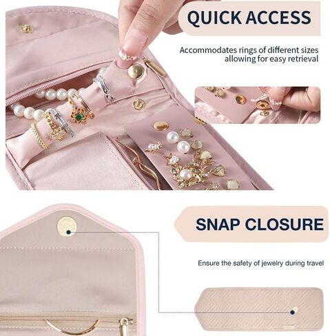 Travel Jewelry Organizer Case for Women, Foldable Portable Jewelry Roll Bag, Storage Accessory for Necklaces Earrings Rings Bracelets, Pink in Saudi Arabia