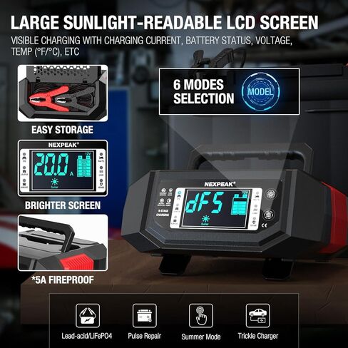 NEXPEAK 1-20A شاحن بطارية، شاحن هزيلة شاحن بطارية السيارة 12 فولت 24 فولت LiFePO4 حمض الرصاص الذكية صيانة البطارية مع تيار قابل للتعديل لسيارة شاحنة جزازة العشب قارب البحرية in Kuwait