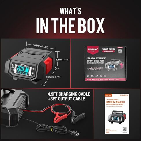 NEXPEAK 1-20A شاحن بطارية، شاحن هزيلة شاحن بطارية السيارة 12 فولت 24 فولت LiFePO4 حمض الرصاص الذكية صيانة البطارية مع تيار قابل للتعديل لسيارة شاحنة جزازة العشب قارب البحرية in Kuwait