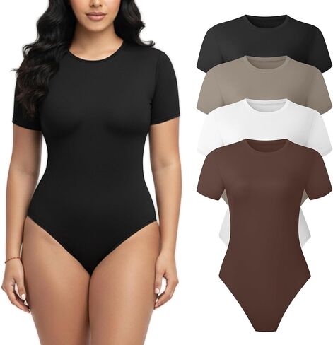 Dalvch 1 أو 4 قطع بدلة للجسم بأكمام قصيرة للنساء ورقبة دائرية قابلة للتمدد كاجوال أساسية مناسبة للجسم تي شيرت علوي in Kuwait