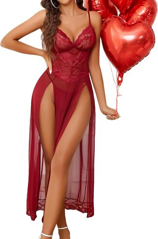 Avidlove Women Lingerie Dress Long Lace Babydoll Chemise Side Split Night Gowns V Neck Mesh Nightdress in Kuwait