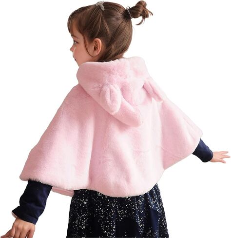 Girls Bunny Ear Hooded Coat, Faux Fur Bat Sleeve Winter Cloak Cape for Wedding Christmas Flower Girl Party Kids 3-8 Years in Saudi Arabia