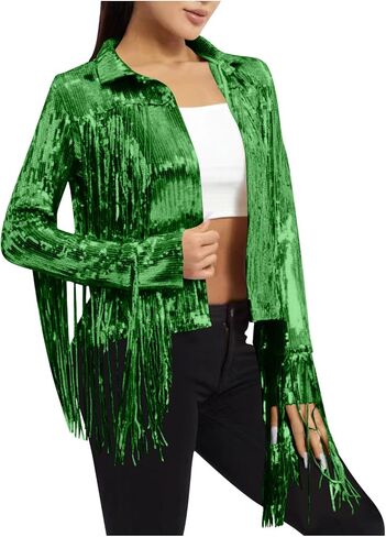 Sequin Fringe Jacket Shiny Open Front Sparkly Long Sleeve Lapel Collar Disco Cowgirl Outfit Y2K Party Concert Coat in Saudi Arabia
