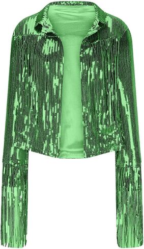 Sequin Fringe Jacket Shiny Open Front Sparkly Long Sleeve Lapel Collar Disco Cowgirl Outfit Y2K Party Concert Coat in Saudi Arabia