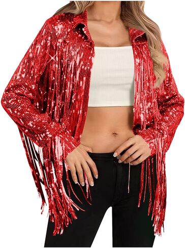 Sequin Fringe Jacket Shiny Open Front Sparkly Long Sleeve Lapel Collar Disco Cowgirl Outfit Y2K Party Concert Coat in Saudi Arabia