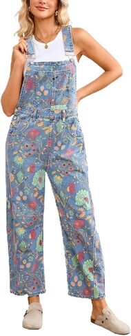 Womens Denim Overall Casual Straight Wide Leg Adjustable Strap Floral Print Jean Bib Jumpsuit with Pockets in Saudi Arabia