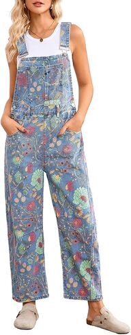 Womens Denim Overall Casual Straight Wide Leg Adjustable Strap Floral Print Jean Bib Jumpsuit with Pockets in Saudi Arabia