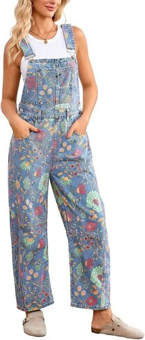 Womens Denim Overall Casual Straight Wide Leg Adjustable Strap Floral Print Jean Bib Jumpsuit with Pockets in Saudi Arabia