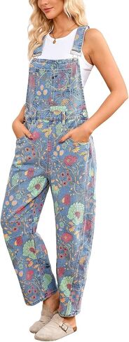 Womens Denim Overall Casual Straight Wide Leg Adjustable Strap Floral Print Jean Bib Jumpsuit with Pockets in Saudi Arabia