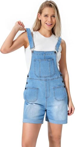 roswear Denim Overall Shorts for Women Stretchy Jumpsuits with Adjustable Strap Cuffed Hem in Saudi Arabia