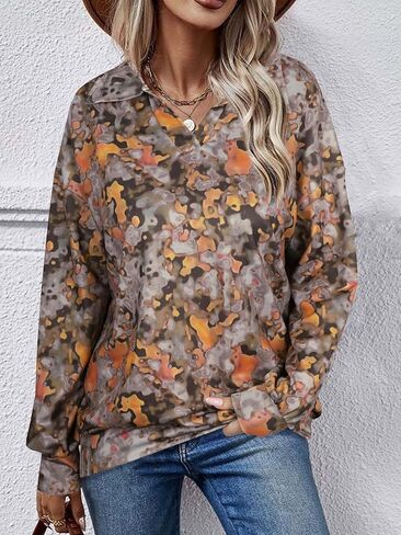 Women's Casual Lapel V-neck Long Sleeved Sportswear Pullover Loose Sweater Autumn Fashion Clothing in Saudi Arabia