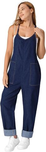 roswear Women's Denim Overalls Thin Sleeveless Jumpsuits with Adjustable Strap Cuffed Hem in Saudi Arabia