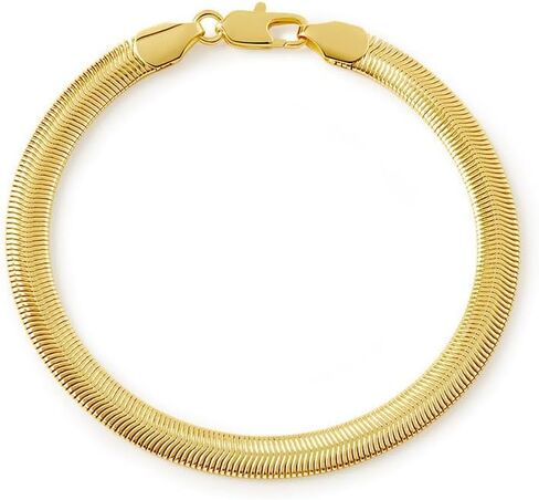 18K Gold Plated Snake Chain Bracelet for Men and Women, 6mm Flat Flexible Chain, Smooth Herringbone Style, Hypoallergenic Jewelry for Daily Wear, Minimalist Gift in Saudi Arabia