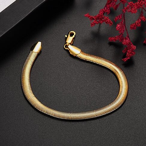 18K Gold Plated Snake Chain Bracelet for Men and Women, 6mm Flat Flexible Chain, Smooth Herringbone Style, Hypoallergenic Jewelry for Daily Wear, Minimalist Gift in Saudi Arabia