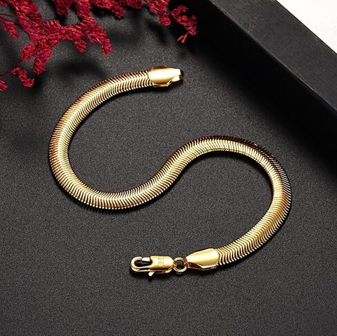 18K Gold Plated Snake Chain Bracelet for Men and Women, 6mm Flat Flexible Chain, Smooth Herringbone Style, Hypoallergenic Jewelry for Daily Wear, Minimalist Gift in Saudi Arabia