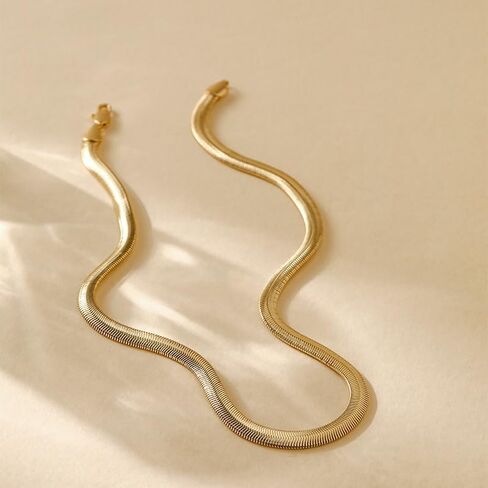 18K Gold Plated Snake Chain Bracelet for Men and Women, 6mm Flat Flexible Chain, Smooth Herringbone Style, Hypoallergenic Jewelry for Daily Wear, Minimalist Gift in Saudi Arabia