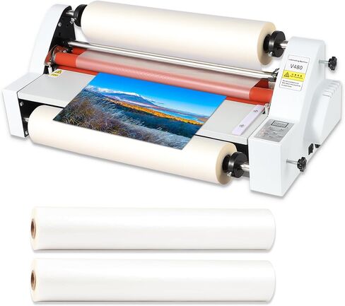 ماكينة تغليف لفة ساخنة باردة مقاس 18 بوصة مع بكرتين من فيلم التصفيح الحراري (1 بوصة أساسية، 0.8 مل، 17.3 بوصة عرض × 656 قدم طول)، آلة تغليف V480، ماكينة تغليف حرارية أحادية ومزدوجة الجوانب، شاشة رقمية، 110 فولت in Kuwait