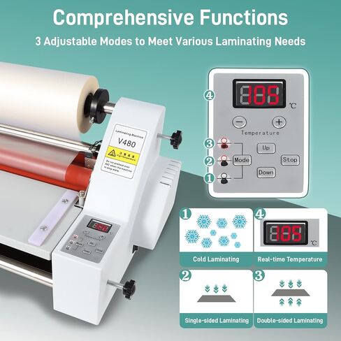 ماكينة تغليف لفة ساخنة باردة مقاس 18 بوصة مع بكرتين من فيلم التصفيح الحراري (1 بوصة أساسية، 0.8 مل، 17.3 بوصة عرض × 656 قدم طول)، آلة تغليف V480، ماكينة تغليف حرارية أحادية ومزدوجة الجوانب، شاشة رقمية، 110 فولت in Kuwait