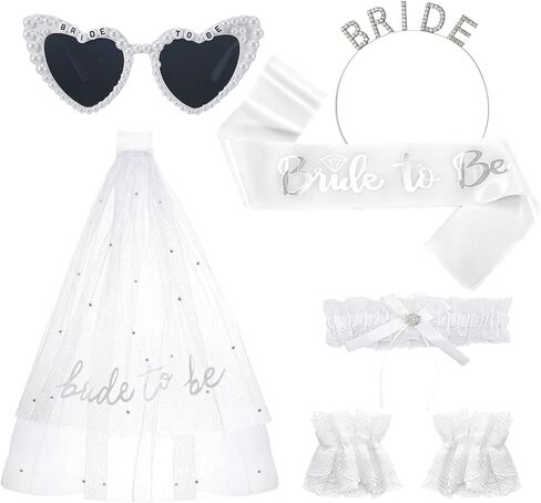 6 Pack Bachelorette Party Accessories with Heart Sunglasses Bride to Be Headband Sash and Veil White Lace Garters and Gloves for Bride Wedding Bridal Shower Bachelorette Party Favors in Saudi Arabia