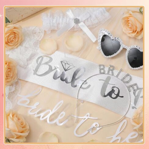 6 Pack Bachelorette Party Accessories with Heart Sunglasses Bride to Be Headband Sash and Veil White Lace Garters and Gloves for Bride Wedding Bridal Shower Bachelorette Party Favors in Saudi Arabia