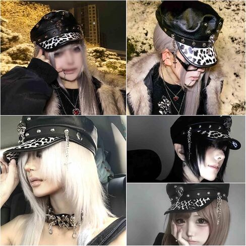 قبعات موزع الصحف للنساء، قبعة بيبر بوي y2k ليوبارد القوطي، قبعة مسطحة من جلد الفهد، إكسسوارات بانك عصرية، أشياء إيمو in Kuwait