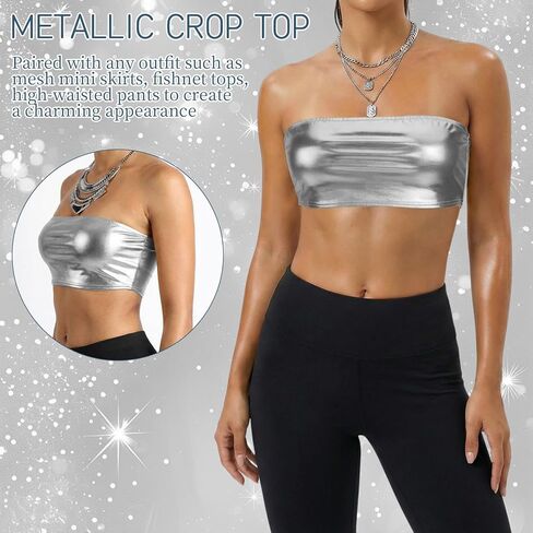 Shiny Bandeau Top Metallic Strapless Top Metallic Rave Tube Tops for Women Dancing Festivals in Saudi Arabia