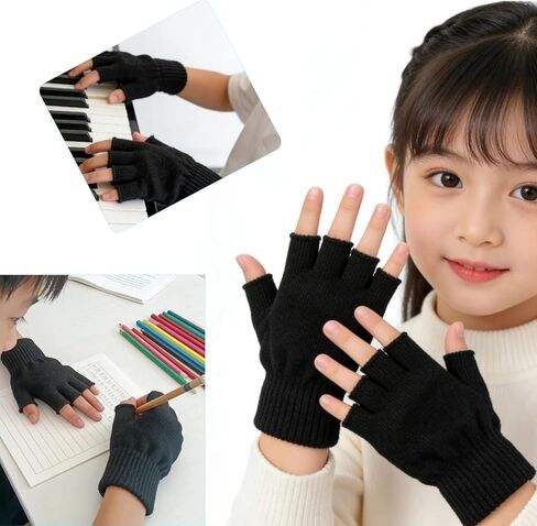 2 Pairs Unisex Kids Fingerless Gloves Half Finger Winter Black Knit Gloves Boys Girls Toddler Mittens for Writing Drawing Playing in Kuwait