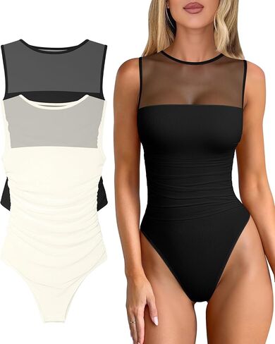 OQQ Women 2 Piece Bodysuit Mesh Ruched Sleeveless Turtle Neck Shapewear Body Suits One Piece Leotard Shirt Going Out Tops in Saudi Arabia