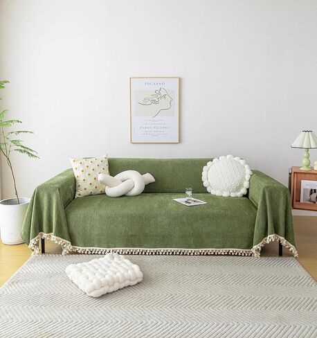 HANDONTIME غطاء أريكة أخضر غطاء أريكة عتيق للكلاب 71 بوصة × 118 بوصة أغطية وسائد أريكة مع شرابة متعرجة غطاء أريكة بوهو أغطية أريكة لـ 3 أغطية أريكة ناعمة من الشنيل in Kuwait