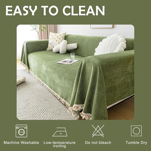HANDONTIME غطاء أريكة أخضر غطاء أريكة عتيق للكلاب 71 بوصة × 118 بوصة أغطية وسائد أريكة مع شرابة متعرجة غطاء أريكة بوهو أغطية أريكة لـ 3 أغطية أريكة ناعمة من الشنيل in Kuwait