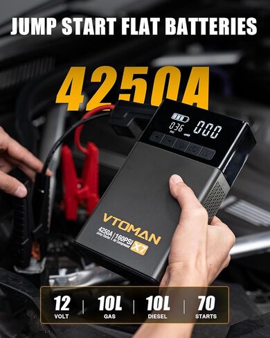 VTOMAN X7 Jump Starter مع ضاغط هواء، 4250 أمبير و160 رطل لكل بوصة مربعة شاحنات صغيرة وسيارات الدفع الرباعي بطارية السيارة المحمولة (10 لتر غاز/10 لتر ديزل) مع منفاخ إطارات ذات إغلاق تلقائي، صندوق معزز ليثيوم 12 فولت، QC3.0 in Kuwait