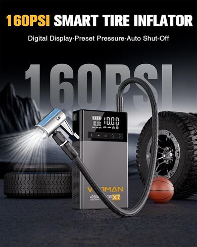 VTOMAN X7 Jump Starter مع ضاغط هواء، 4250 أمبير و160 رطل لكل بوصة مربعة شاحنات صغيرة وسيارات الدفع الرباعي بطارية السيارة المحمولة (10 لتر غاز/10 لتر ديزل) مع منفاخ إطارات ذات إغلاق تلقائي، صندوق معزز ليثيوم 12 فولت، QC3.0 in Kuwait