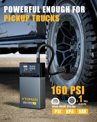 VTOMAN X7 Jump Starter مع ضاغط هواء، 4250 أمبير و160 رطل لكل بوصة مربعة شاحنات صغيرة وسيارات الدفع الرباعي بطارية السيارة المحمولة (10 لتر غاز/10 لتر ديزل) مع منفاخ إطارات ذات إغلاق تلقائي، صندوق معزز ليثيوم 12 فولت، QC3.0 in Kuwait