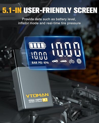 VTOMAN X7 Jump Starter مع ضاغط هواء، 4250 أمبير و160 رطل لكل بوصة مربعة شاحنات صغيرة وسيارات الدفع الرباعي بطارية السيارة المحمولة (10 لتر غاز/10 لتر ديزل) مع منفاخ إطارات ذات إغلاق تلقائي، صندوق معزز ليثيوم 12 فولت، QC3.0 in Kuwait