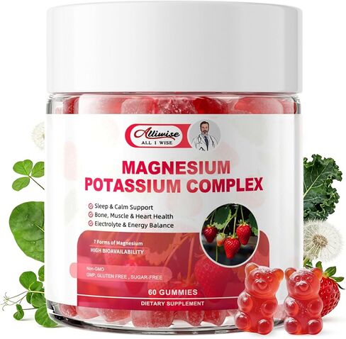 Potassium Magnesium Supplement Gummies with Potassium Citrate 200mg + Magnesium Glycinate 500mg for Bone & Muscle Relaxation,Mood & Energy Support.High Absorption Vitamin B6, D3, C.Raspberry Flavor in Kuwait