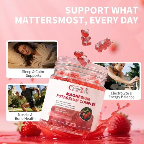 Potassium Magnesium Supplement Gummies with Potassium Citrate 200mg + Magnesium Glycinate 500mg for Bone & Muscle Relaxation,Mood & Energy Support.High Absorption Vitamin B6, D3, C.Raspberry Flavor in Kuwait