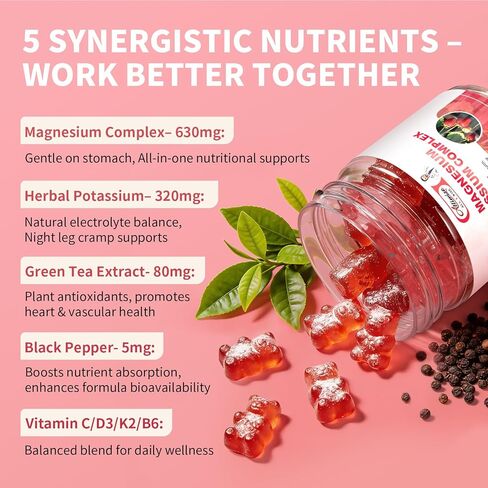 Potassium Magnesium Supplement Gummies with Potassium Citrate 200mg + Magnesium Glycinate 500mg for Bone & Muscle Relaxation,Mood & Energy Support.High Absorption Vitamin B6, D3, C.Raspberry Flavor in Kuwait