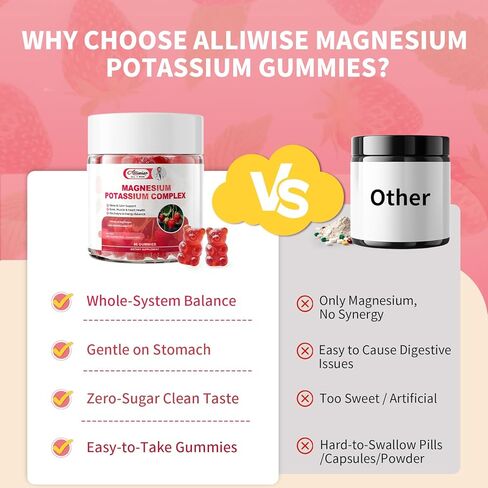 Potassium Magnesium Supplement Gummies with Potassium Citrate 200mg + Magnesium Glycinate 500mg for Bone & Muscle Relaxation,Mood & Energy Support.High Absorption Vitamin B6, D3, C.Raspberry Flavor in Kuwait